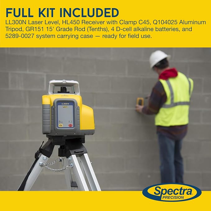 Spectra Precision LL300N-1 Self Leveling Rotary Laser Kit with Tripod, GR151 Professional - System Case - Grade Rod (Tenths) HL450 Receiver and Alkaline Batteries – Rugged IP66 Job-Site Performance