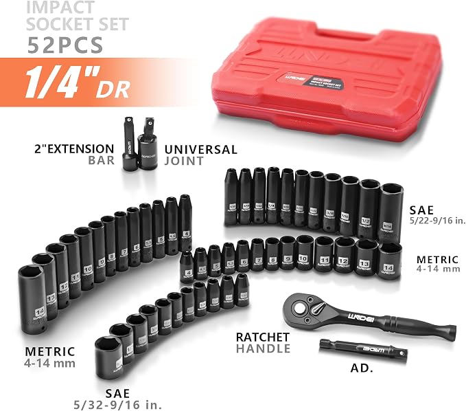 1/4" Drive Impact Socket Set, 52Pcs Ratchet Wrench Set, Metric and SAE | 4-14mm, 5/32"-9/16", 72-Tooth Ratchet, CR-V, Sockets Storage Kit, Mechanic Tool Set, Household Automotive Repair DIY Project