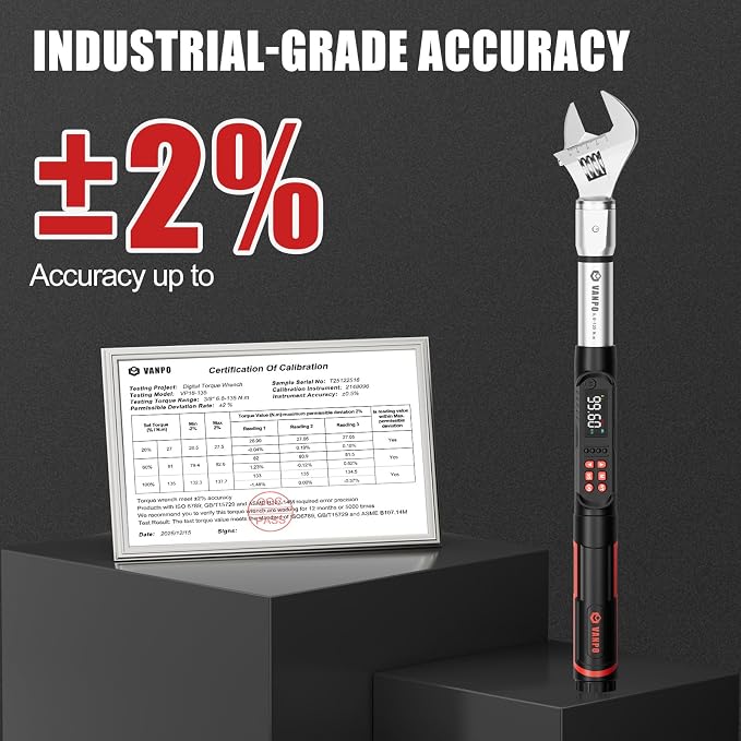 VANPO Adjustable HVAC Digital Torque Wrench, 5-99.6 Ft.lb/6.8-135Nm | 38mm Jaw & 1/2" Ratchet, 14×18mm Open End, ±2% Accuracy, Buzzer, Vibration, LED Indicator for Split AC, Motorcycle, Plumbing