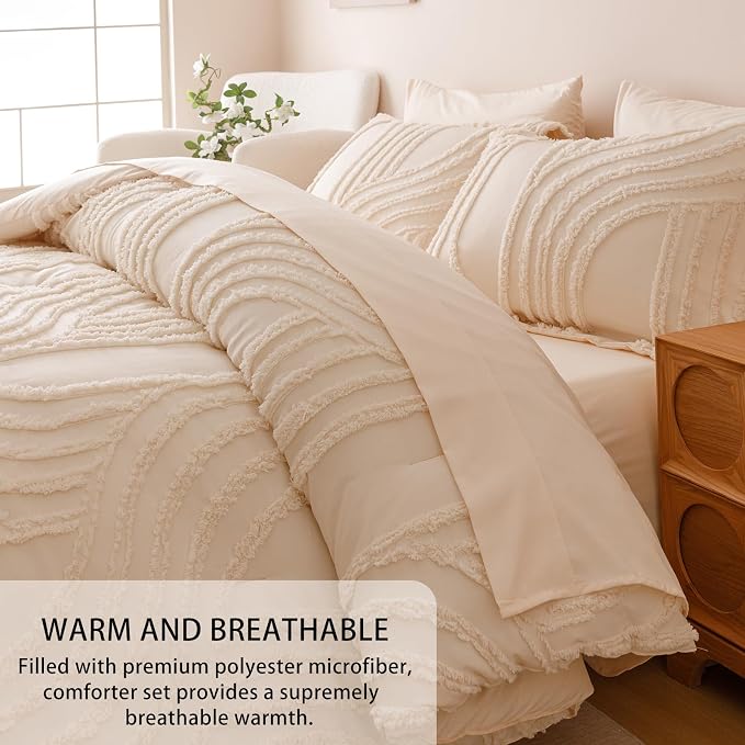 Nttopship Beige King Comforter Set - 7 Pieces Bed in a Bag, Premium Comforters King Size Bed Set Tufted Shabby Chic Bedding Comforter Set with Flat Sheet, Fitted Sheet and Pillowcases,Beige