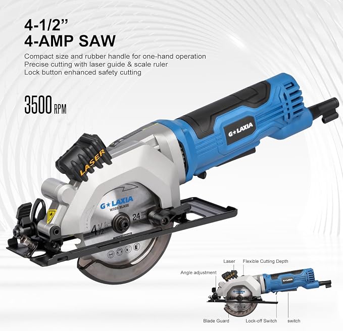 Mini Circular Saw Corded, 4A 3500RPM Compact Saw with Laser Guide, Rip Guide, Vacuum Adapter, Electric Circular Saw with 4-1/2" 24T TCT Blades for Wood, PVC, Plasterboard, Drywall