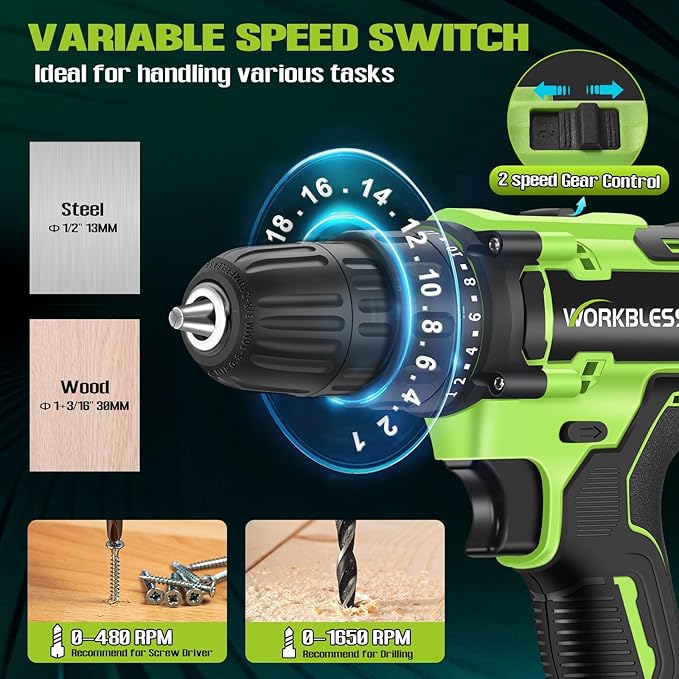 WORKBLESS 21V Power Drill Set, Cordless Drill with Batteries and Charger, 3/8'' Keyless Chuck, Variable Speed, 18+1 Torque Setting and 28pcs Bits Tool Set(Green, 2 Batteries)