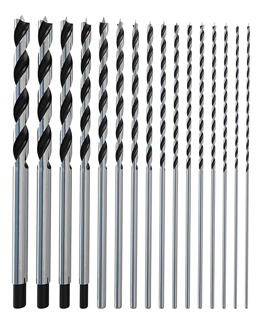 Brad Point Wood Drill Bit Set, 16Pcs 12 Inch Extra Long Drill Bit Set with Double Flutes Design for Carpenter Woodworking and All Types of Wood (7/64" - 5/8")