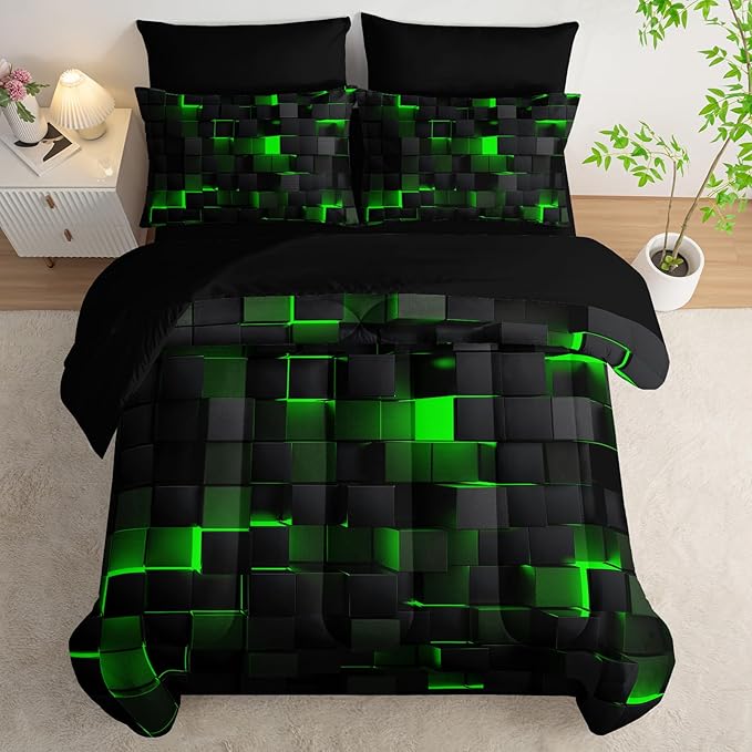 Nttopship Geometric Green Black Twin Comforter Set,Light Honeycomb Bedding Set 7 Piece in A Bag,Bed Sheet Set Geometry Decor,Microfiber Lightweight All Season