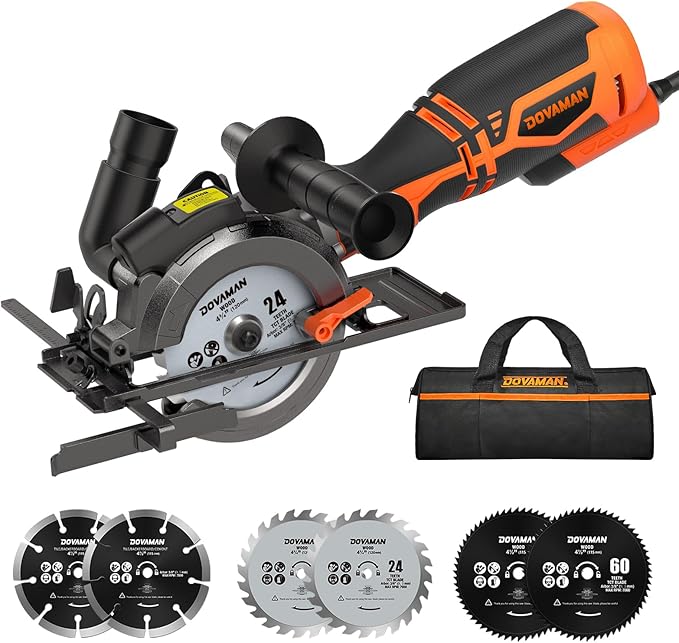 DOVAMAN Circular Saw, 5.8A 4-1/2" Circular Saw w/Laser, Metal Auxiliary Handle, 6 Blades (4½", 4¾"), Cutting Depth 1-11/16" (90°), 1-3/8" (45°), Ideal for Wood, Soft Metal, Plastic, Tile - MCS01A