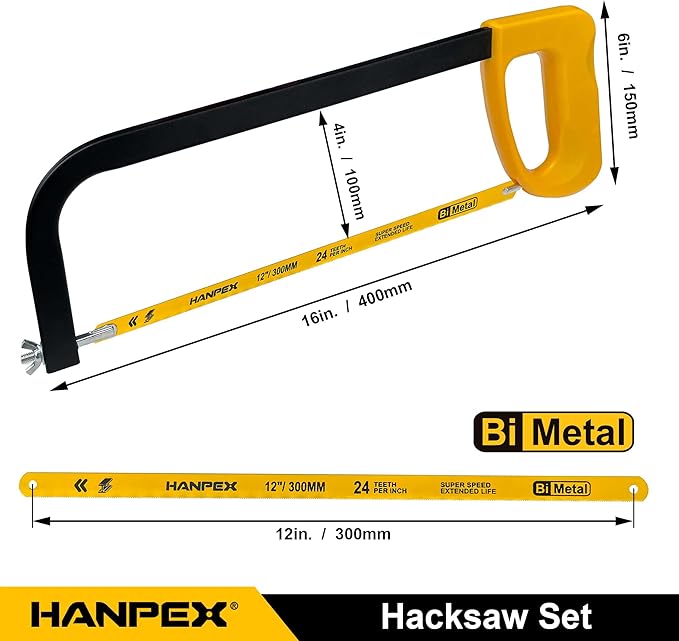 Hanpex 12in. High-Tension Hacksaw Frame with 5pcs Extra Bi-metal Blades, Hand Saw Suitable for Metal, wood, PVC, Carpentry