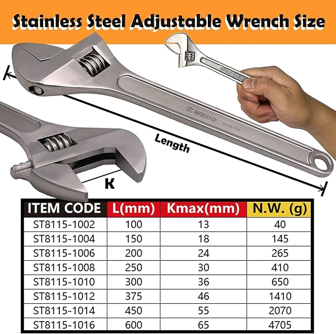 WEDO Adjustable Wrench 4",Max Jaw Opening 13mm,Stainless Steel | Professional Spanner,Precision Jaws,Corrosion Resistant,Rust Proof,High Strength,For Automotive,Home and Plumbing Repairs