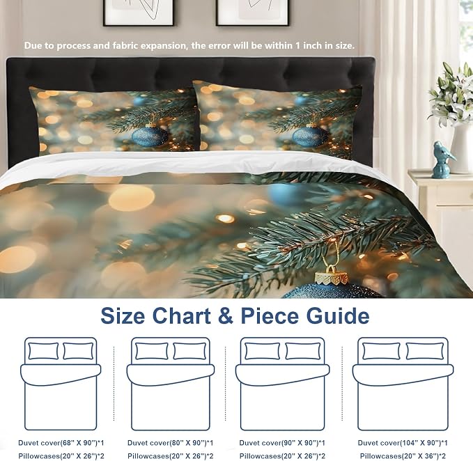 Batmerry Christmas Tree King Size 100% Cotton Duvet Cover Sets, Blue Baubles Fir Branches Bedding Set with Zipper Closure Corner Ties, 3 Pieces (1 Cover + 2 Pillowcases No Comforter)