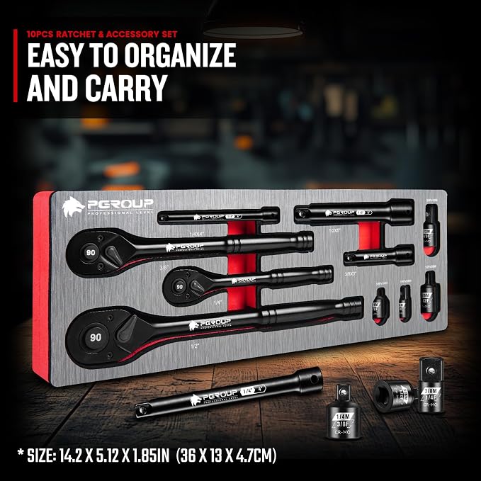 zhax 10-Piece Ratchet Set, 1/4”, 3/8”, 1/2” Drive 90-Tooth Ratchets & Accessories, Quick Release Reversible Ratchet Wrenches with Extension Bars & Socket Adapters for Repairing Home DIY