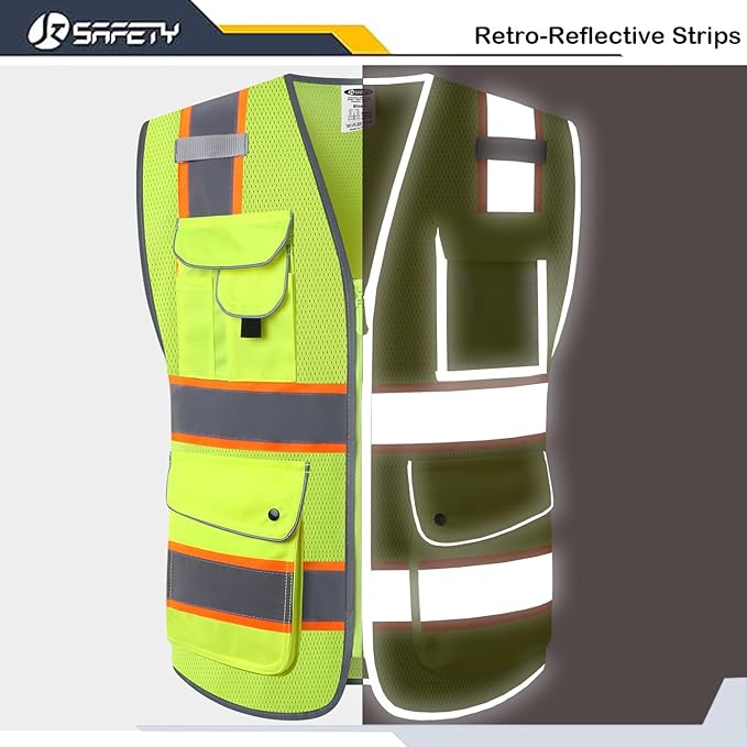 JKSafety 9 Pockets Hi-Vis Neon Yellow Zipper Front MESH Safety Vest with Fluorescent Orange Extend Edge outlining the Reflective Tapes Meet ANSI/ISEA Class 2 Standard (100 Yellow, M)