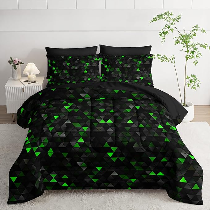 Nttopship Geometric Green Black Triangle Queen Size Comforter Set,Light Honeycomb Bedding Set 7 Piece in A Bag,Bed Sheet Set Geometry Decor,Microfiber Lightweight All Season