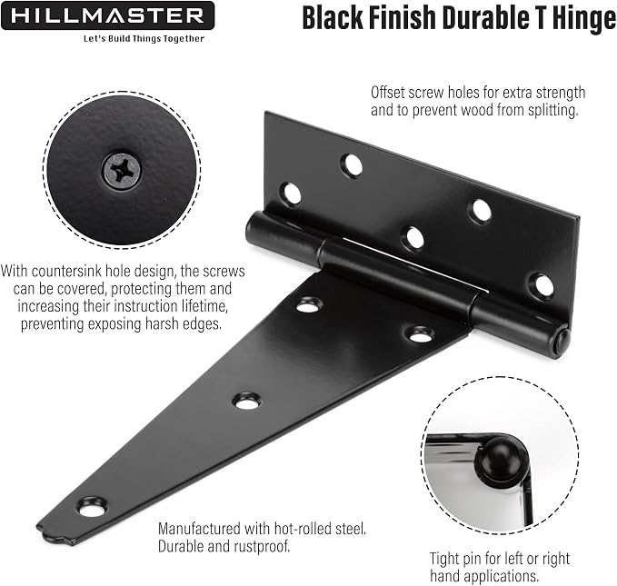 HILLMASTER 8 Inch T-Strap Heavy Duty Shed Door Hinges Gate Strap Hinges Black Tee Hinge Wrought Hardware for Wooden Fences,Yard,Barn Door,Rustproof (4 Pack)