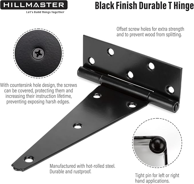 HILLMASTER 8 Inch T-Strap Heavy Duty Shed Door Hinges Gate Strap Hinges Black Tee Hinge Wrought Hardware for Wooden Fences,Yard,Barn Door,Rustproof (2 Pack)