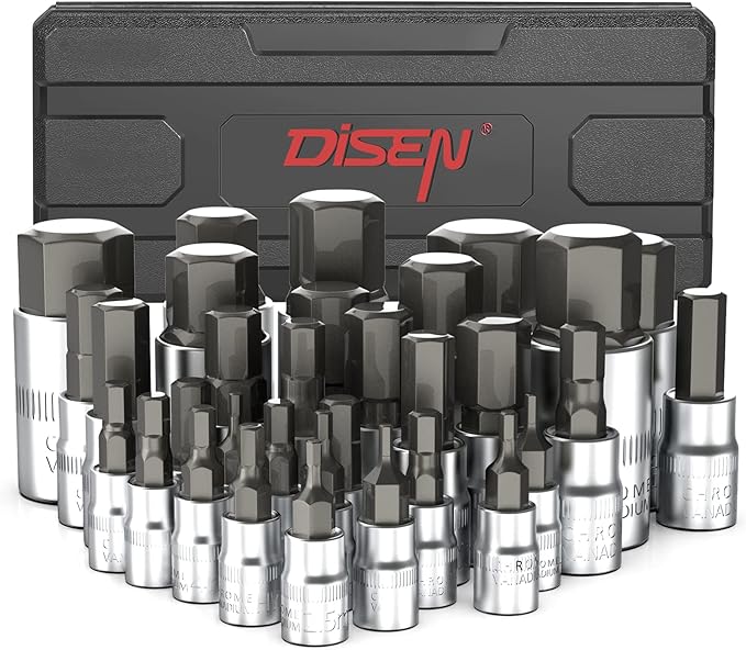 DISEN 32-Piece HEX Bit Socket Set | SAE & Metric Allen Wrench Socket Set with Enhanced Storage Case, Premium Heat Treated Chrome Vanadium Steel & S2 Alloy Steel