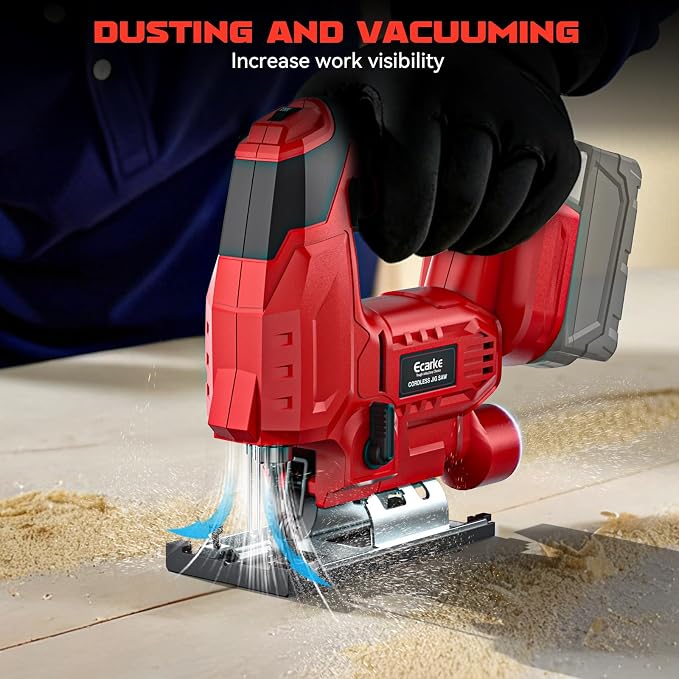 Ecarke Cordless Jig Saw Compatible With Milwaukee 18V Battery, 4 Orbital Sets, 6 Variable Speeds Control, Dust-Blowing, ±45° Bevel Cuts, LED Light & 6PCS Blades for Straight Curve Cutting, Tool Only
