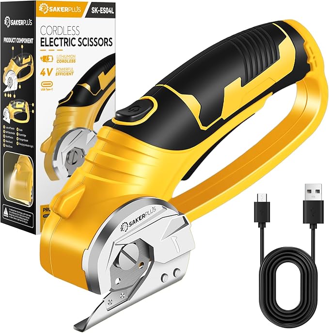 SakerPlus Cordless Electric Scissors, 4V Cardboard Cutter, Box Cutter Fabric Scissor with Safety Lock & LED Light, Rechargeable Power Rotary Cutters for Box Carpet Fabric Plastic Leather
