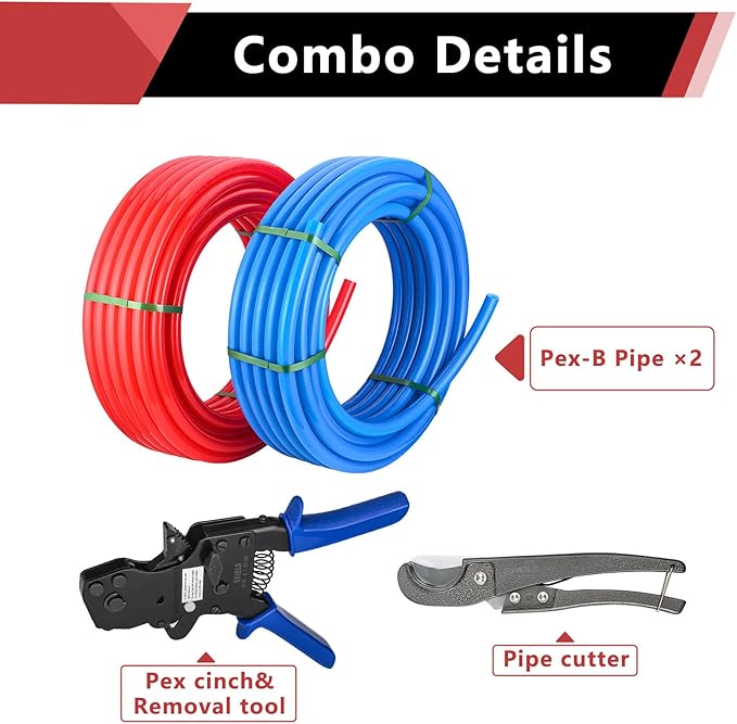 (Pipe&Combo Kit) EFIELD Pex-B Pipe Blue & Red 1/2" 2 x100ft with Ratchet Crimping Tool and Pipe Cutter