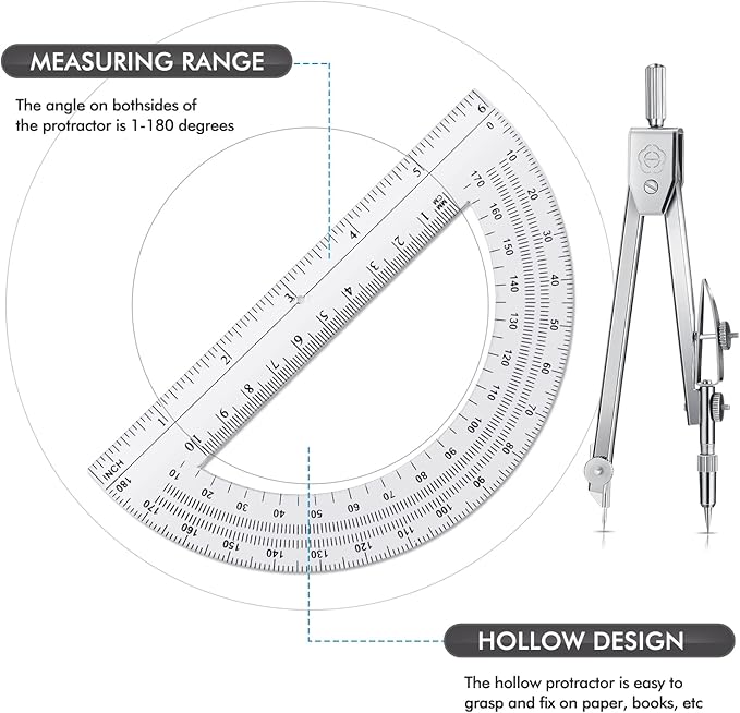 Zonon 3 Pcs Plastic Ruler 6 Inch Protractor Drawing Compass Set, Student Geometry Math Transparent Measuring Tools for Home School Classroom Office Supplies(6 Inch,Clear)