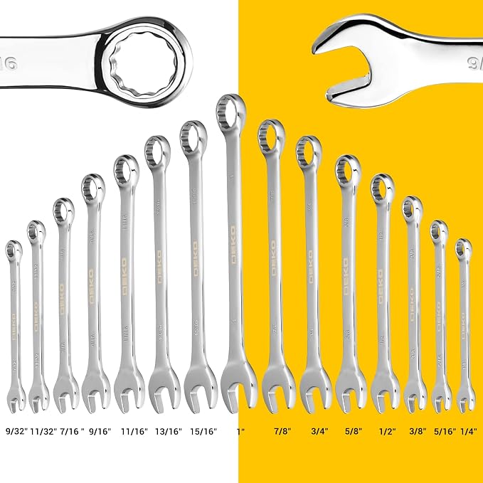 DEKOPRO Combination Wrench Set, SAE, 15-piece, 1/4'' to 1'', 12-Point, Chrome Vanadium Steel, with Plastic Tray