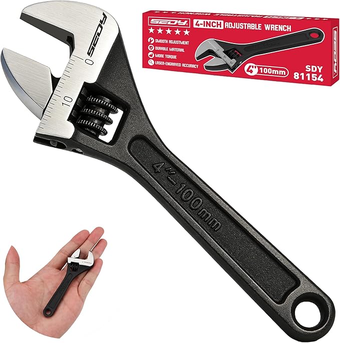 SEDY 4-Inch Mini Adjustable Wrench, Small Precision Wide Jaw Spanner with Inch/Metric Scale, Compact Cr-V Steel Black Oxide Tool for Automotive, Household and DIY Repairs