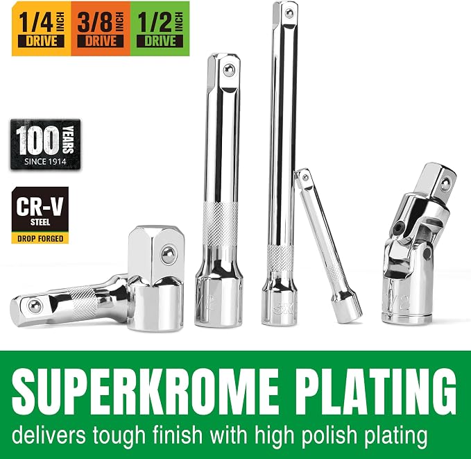 SK 20-Piece Socket Extension Set, 1/4", 3/8" & 1/2" Drive Ratchet Extension | Extension Bar, Swivel Universal Joints and Socket Adapters, Premium CR-V Steel, SuperKrome Finish