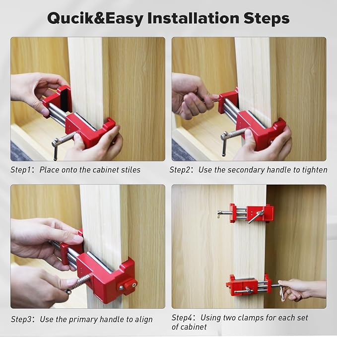 Cabinet Clamps, Cabinet Installation Cabinetry Clamps Face Frame Clamps Tools with Two Side Screws and Alignment Plate, 2 Pack, Up to 440 lbs Load Capacity, Red