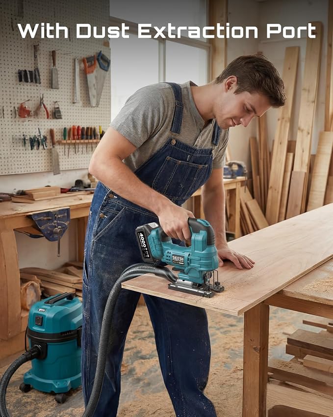 SEESII Brushless Jig Saw, Cordless Jigsaw Tool 2×4.0Ah Batteries | 0–45° Bevel Cut, 3500 SPM Variable Speed, 4 Orbital, Electric Jig Saw for Woodworking, Cutting Wood Metal PVC