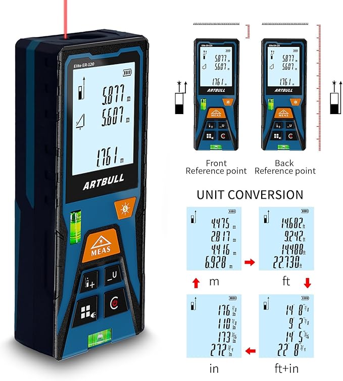 Laser Distance Meter Digital Laser Measuring Tool with LCD Backlit Display, Area Volume Pythagorean, ±2mm Accuracy, Class II, Electronic Tape Measure for DIY Construction – AAA Battery Powered