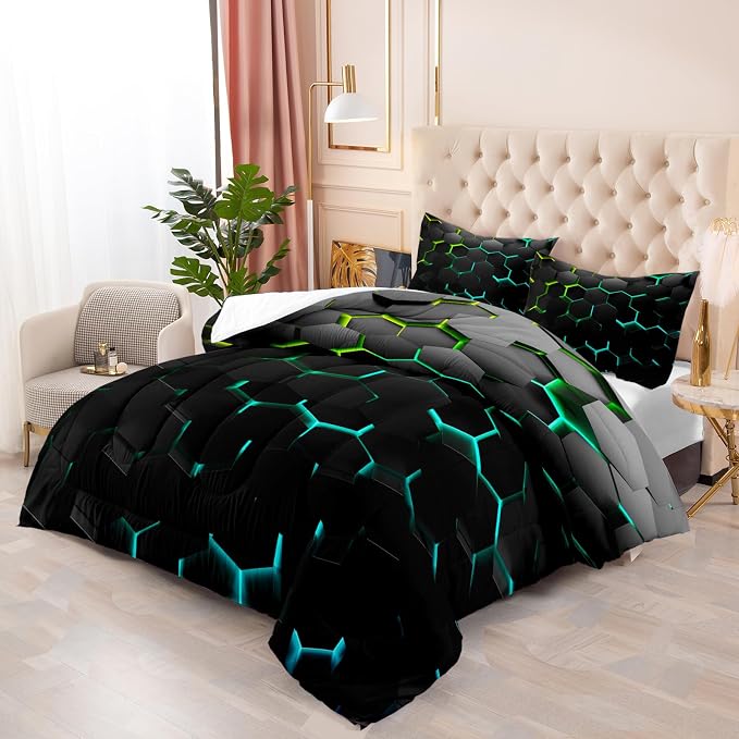 Geometric Green Black Neon Comforter Set,Light Honeycomb 3 Piece Bedding Set King for Teen Boys,Modern Bedding Quilt Set Geometry Decor,Microfiber Lightweight 1 Comforter 2 Pillowcases All Season