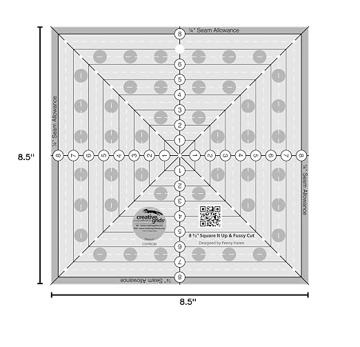 Creative Grids 8-1/2in Square It Up or Fussy Cut Square Quilting Ruler – CGRSQ8 – Made in USA, Non-Slip Grip Acrylic Quilting, Sewing, Crafting, Patchwork Ruler & Template