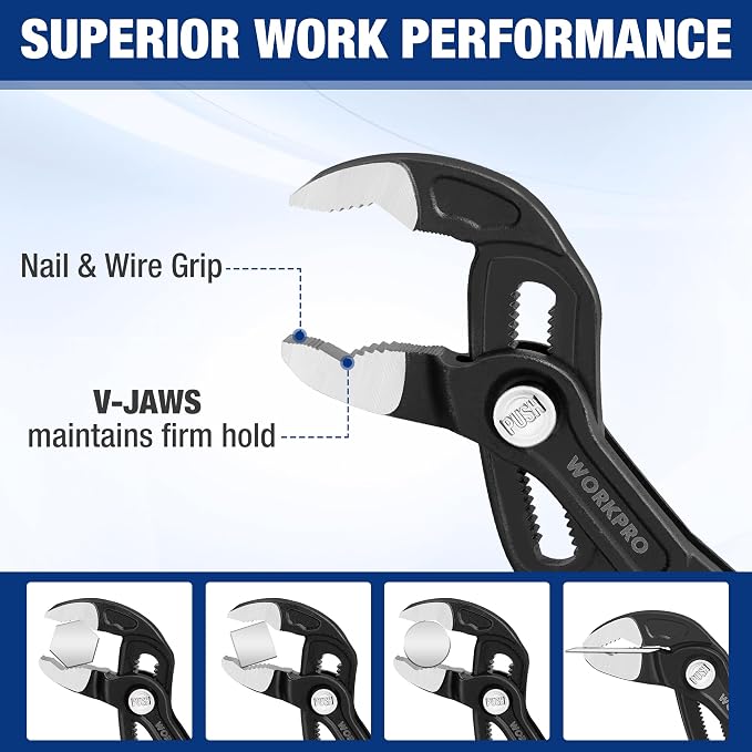 WORKPRO 2 PCS 7-Inch Pliers Wrench & 10-Inch Groove Joint Pliers Set, CR-V | Quick Adjustment, Smooth Jaw & V-Jaw, Upgraded Wide Opening, Ergonomic Grip - for Plumbing, Pipe Work, DIY Projects