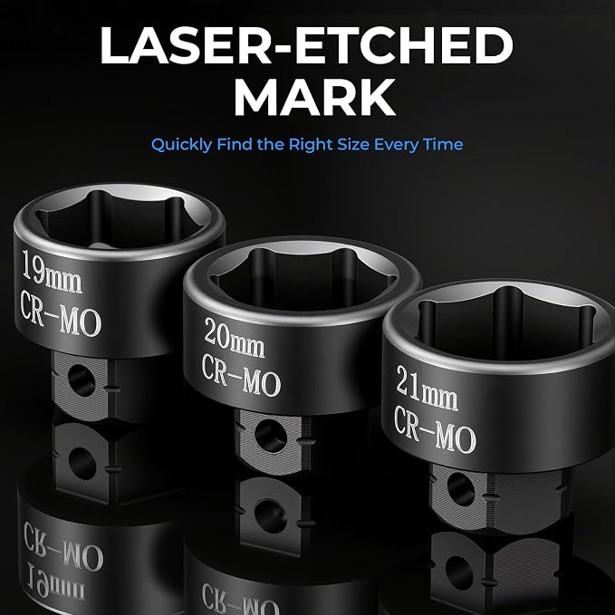 19-Piece 3/8" Drive Low Profile Nano Impact Socket Set, 6-24mm, Metric | Low Profile Desige, 6-Point Grip, Cr-Mo steel, Laser-Etched Markings, for Automotive, Bicycle & Industrial, Storage Case
