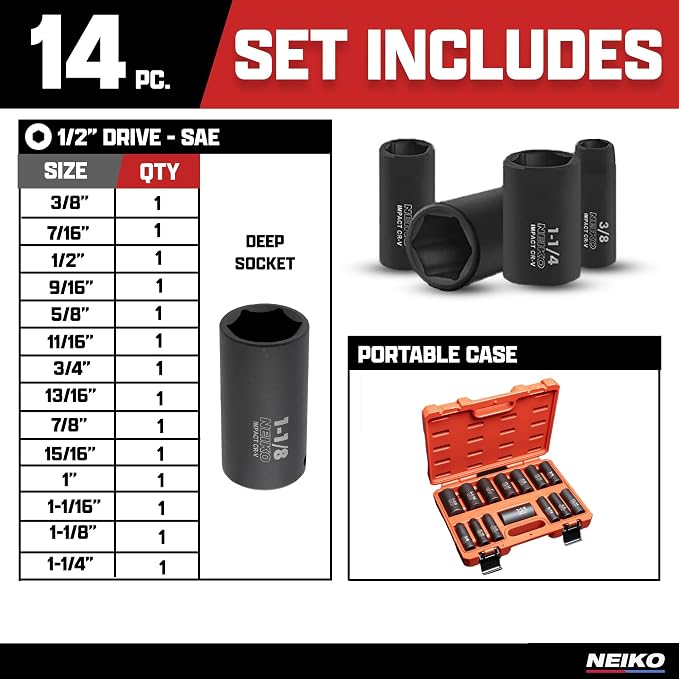 Neiko 02476A 1/2" Impact Socket Set, 14 Piece 6 Point Impact Set, Standard Impact Socket Set, SAE Sizes (3/8-Inch to 1-1/4") Cr-V Steel, Deep Socket Set 1/2 Drive,