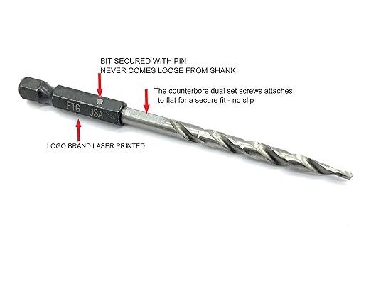 FTG USA 6 Pc #8 (11/64") Countersink Drill Bit Set with Depth Stop Collar, Hex Wrench - Tapered Drill Bits for Wood