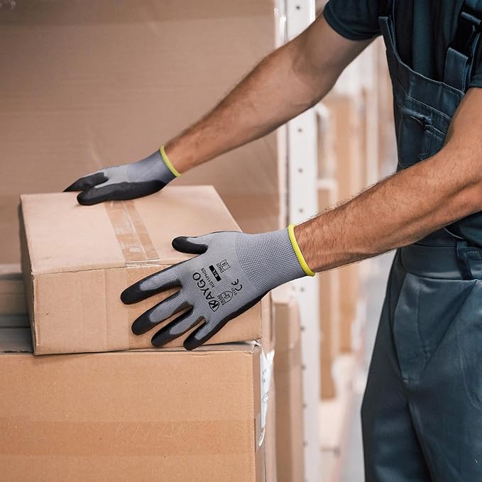 KAYGO Work Gloves for Men and Women,12 Pairs Seamless Knit PU Coated Safety Gloves, with Smooth Grip on Palm and Fingers, Ideal for Light Warehouse, Manufacturing, Gardening, KG11P (L,Gray)
