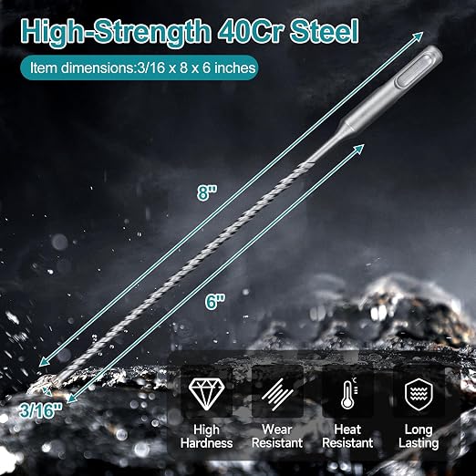 3/16 Inch x 8 Inch SDS Plus Rotary Hammer Drill Bit, Cross Tip Double Threaded Carbide Tipped for Concrete, Brick, and Stone (3/16" x 6" x 8")