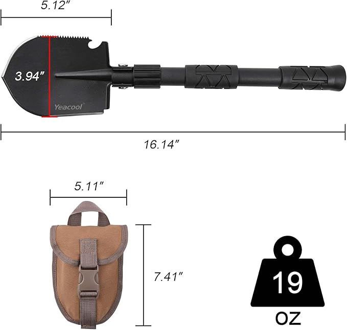 Folding Survival Shovel Multi-Tool, Heavy-Duty Military Entrenching Tool with Pickaxe, Collapsible Spade for Disaster Recovery, Car Emergency, Metal Detecting, Camping, Digging, and Gardening