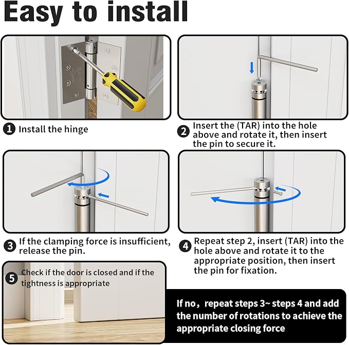 3 Pack Self Closing Door Hinges, 4.5 Inch Spring Loaded Door Hinges with Square Corners, Adjustable Tension for Garage, Front, Back Door, UL Listed, Left and Right Hand
