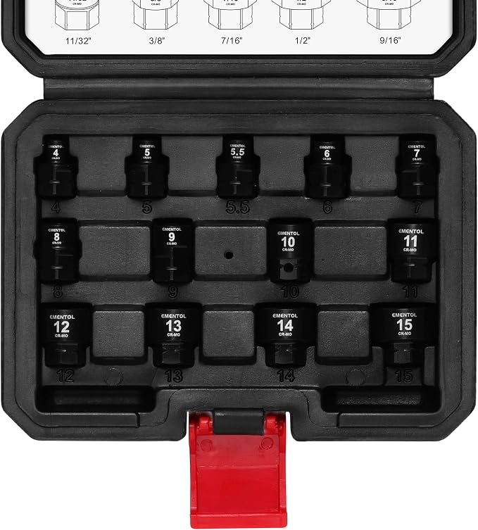 EMENTOL 10-Piece 1/4" Drive Stubby Impact Socket Set, SAE | 3/16"-9/16" Low Profile Sockets, 12mm Base Hex, CR-MO, Compact Design for Tight Access