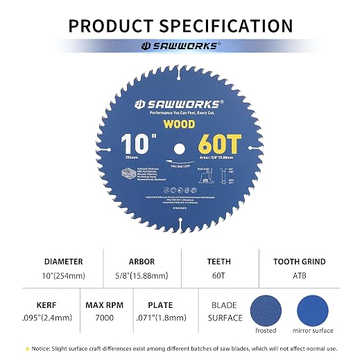 SawWorks 10" 60T ATB Carbide Circular Saw Blade, Clean Finish for Table Saw, for Cabinet Makers & Fine Woodworkers, 5/8" Arbor