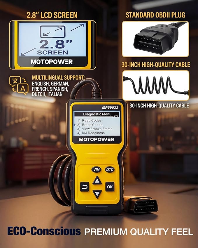 MOTOPOWER MP69033 Car OBD2 Scanner Code Reader Engine Fault Scanner CAN Diagnostic Scan Tool for All OBD II Protocol Cars Since 1996, Yellow