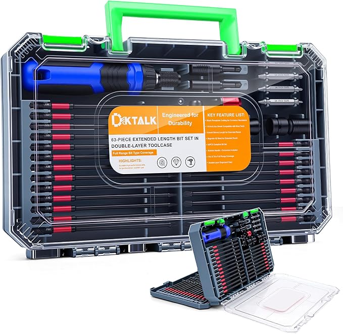 6-Inch Long Screwdriver Bit Set, 63PCS Impact-Ready Extended Reach Bit Kit, Magnetic S2 Steel, 1/4" Hex Shank, Torx/Phillips/Hex/Nut Driver Bits with Organized Storage Case for Drill & Impact Driver