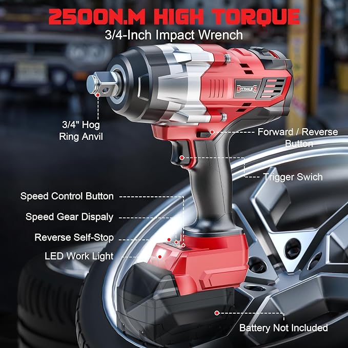 DIYtoolifz 3/4" Cordless Impact Wrench Compatible with Milwaukee 18V Battery: 1850FT-LBS(2500N.m) High Torque Impact Driver, Auto-Stop Reverse, 4-Speed Heavy Duty Impact for Car/Truck/Mower(Bare Tool)