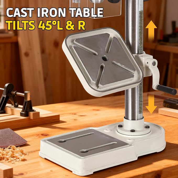 10-Inch Benchtop Drill Press- Variable Speed 50-3000 RPM,Bench Drill Press Cast Iron Table & Base, 6.2-Amp Drill Presses With Laser And LED Work Light ，0.4 kW Variable Frequency Drive (white)