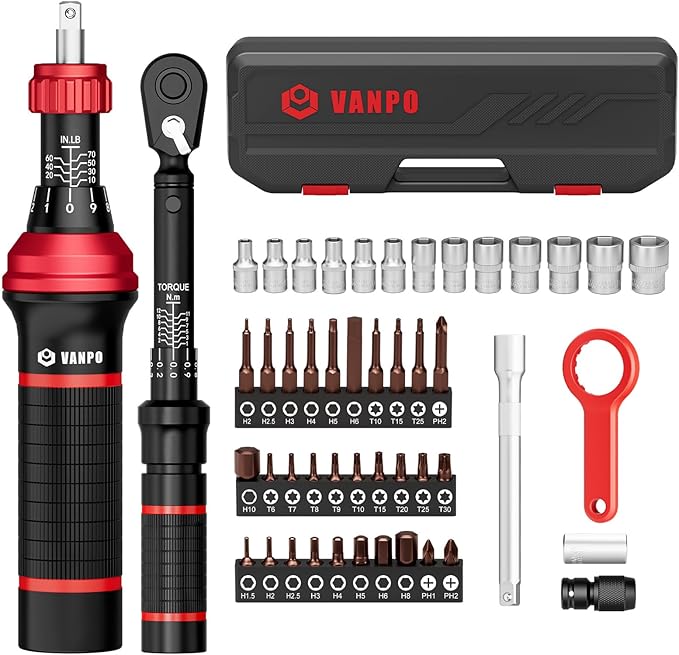 VANPO 49-Pc Torque Screwdriver & Wrench Set, 10-70In-lb & 1-12Nm Dual Range | with S2 Steel Bits & Sockets, for MTB Carbon Bikes, Firearm Optics, Scope Mounting & Professional DIY Repairs