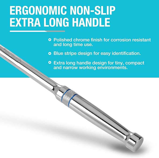 DURATECH 3-Piece Extra Long Drive Ratchet Handle, 90-Tooth Ratchet Wrench | 1/4", 3/8", 1/2" Socket Wrench with Dust Proof Teardrop Enclosed Head, Reversible, CR-V Steel Made, CR-MO Head, Full Polished
