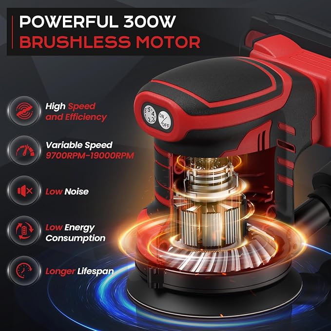 Cordless Random Orbital Sander Compatible for Mik 18V Max, 5-Inch Brushless Electric Palm Sander with 19000 RPM & Dust Collector, 6 Variable Speed, 18 Pcs Sandpaper for Sanding (No Battery)