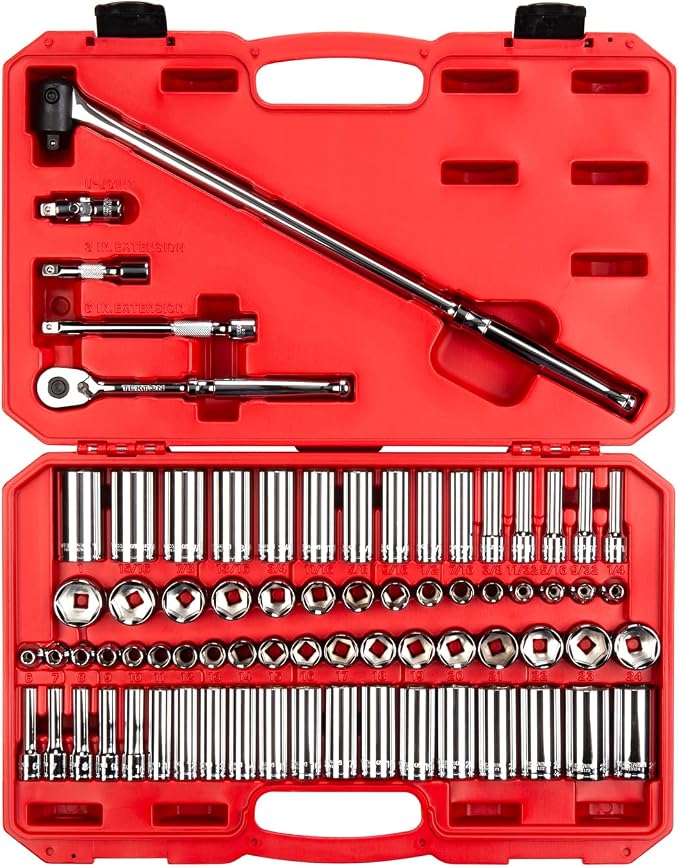 TEKTON 3/8 Inch Drive 6-Point Socket and Ratchet Set, 73-Piece (1/4-1 in., 6-24 mm) | SKT15311 | (1/4 - 1 in., 6 - 24 mm), Shallow and Deep, Case