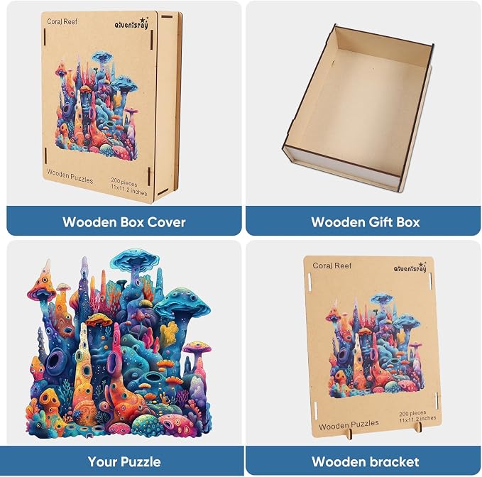 Qiuenisray Wooden Puzzles for Adults, Coral Ocean Jigsaw Puzzles 200 Pieces, FSC Certified Beautiful Wall Decor Puzzles, Unique Animal Shape Puzzle, Creative Gift for Family Game 11x11.2 in