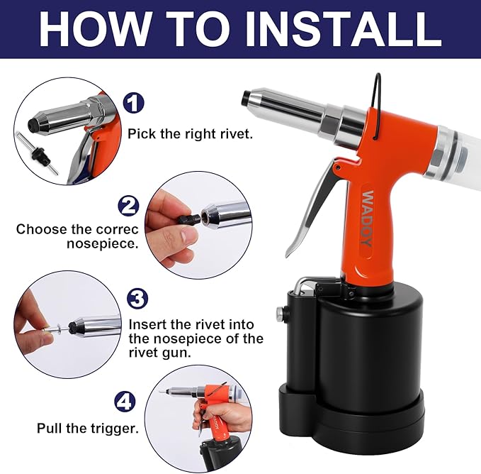 Wadoy Heavy Duty Air Rivet Gun, 3924 LBF Professional Pneumatic Pop Riveter with 5 Nosepieces (3/32", 1/8", 5/32", 3/16", 1/4"), Air Hydraulic Rivet Tool for Automotive, Metal Work & Industrial Use